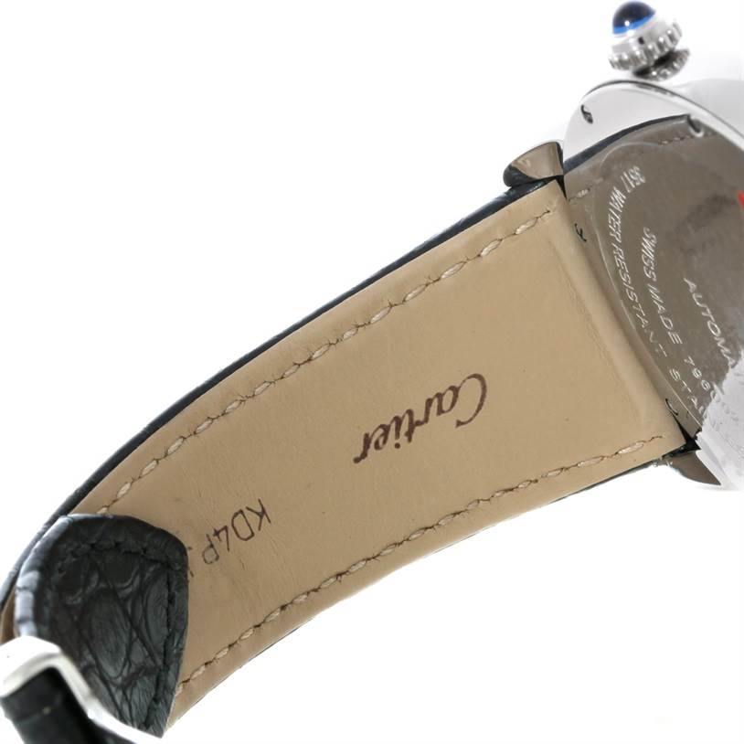 The image shows the underside of the strap and part of the case back of a Cartier Ronde W6701010 Men's Stainless Steel Silver Dial W6701010 Men's Stainless Steel Silver Dial watch.