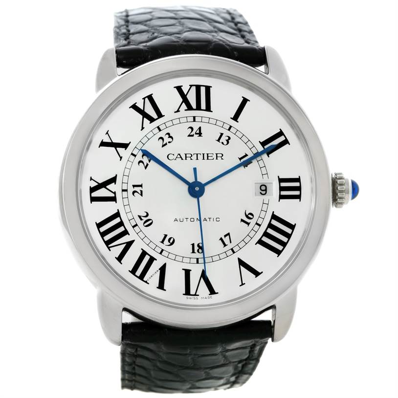 The image shows a Cartier Ronde W6701010 Men's Stainless Steel Silver Dial W6701010 Men's Stainless Steel Silver Dial watch from a front angle, displaying the face, case, and leather strap.