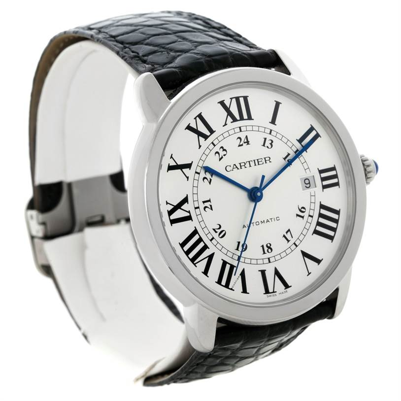 The Cartier Ronde W6701010 Men's Stainless Steel Silver Dial W6701010 Men's Stainless Steel Silver Dial watch is shown at a slight angle, featuring its dial, case, hour markers, hands, and leather strap.