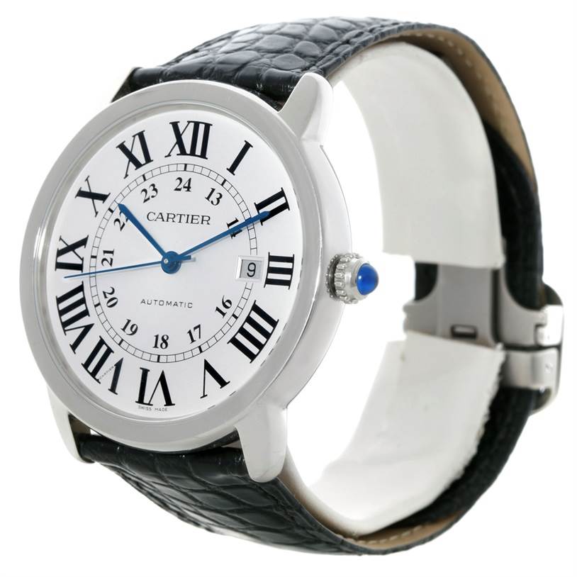 The Cartier Ronde W6701010 Men's Stainless Steel Silver Dial W6701010 Men's Stainless Steel Silver Dial watch is shown in a slight side angle, displaying the face, crown, and leather strap.
