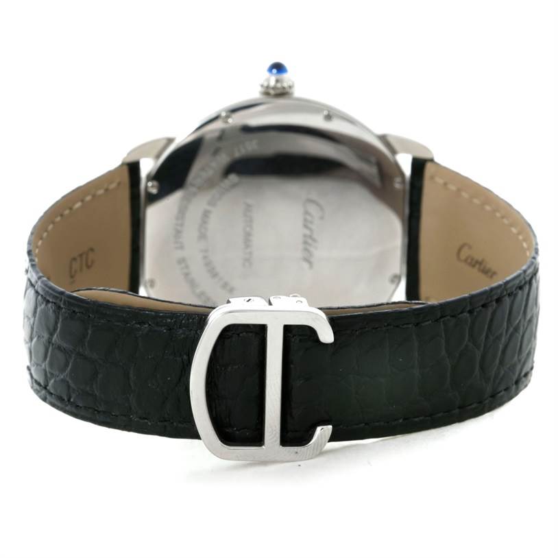 The image shows the reverse view of the Cartier Ronde W6701010 Men's Stainless Steel Silver Dial W6701010 Men's Stainless Steel Silver Dial watch, highlighting its leather strap and C-shaped buckle.