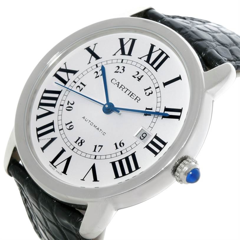 This image shows a Cartier Ronde W6701010 Men's Stainless Steel Silver Dial W6701010 Men's Stainless Steel Silver Dial watch at an angle highlighting the dial, Roman numerals, blue hands, crown, and part of the black strap.