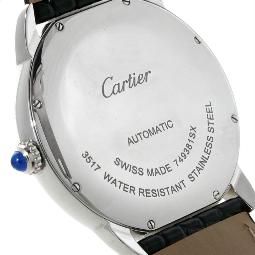 The image shows the back case of the Cartier Ronde W6701010 Men's Stainless Steel Silver Dial W6701010 Men's Stainless Steel Silver Dial watch, highlighting the brand, model details, and water resistance.