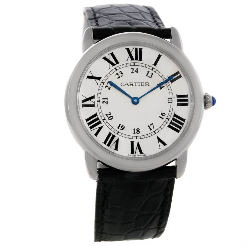 This image shows a front view of the Cartier Ronde W6700255 Men
s Stainless Steel Silver Dial W6700255 Men
s Stainless Steel Silver Dial model watch, highlighting its face, Roman numerals, and black leather strap.