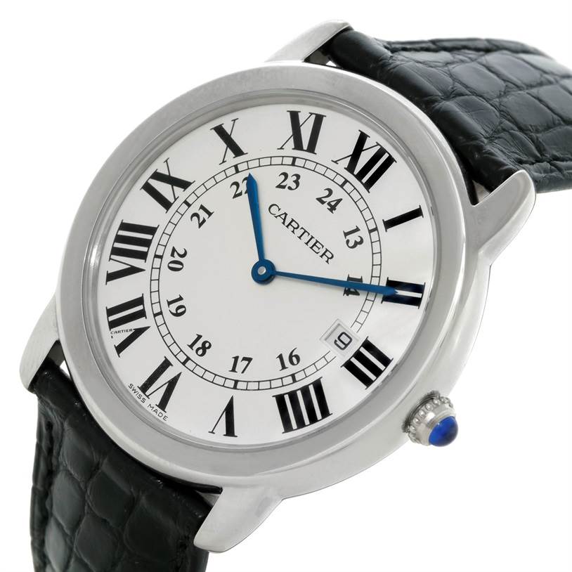 The Cartier Ronde W6700255 Men
s Stainless Steel Silver Dial W6700255 Men
s Stainless Steel Silver Dial watch is shown at a slight angle, highlighting its face, Roman numerals, blue hands, and black leather strap.