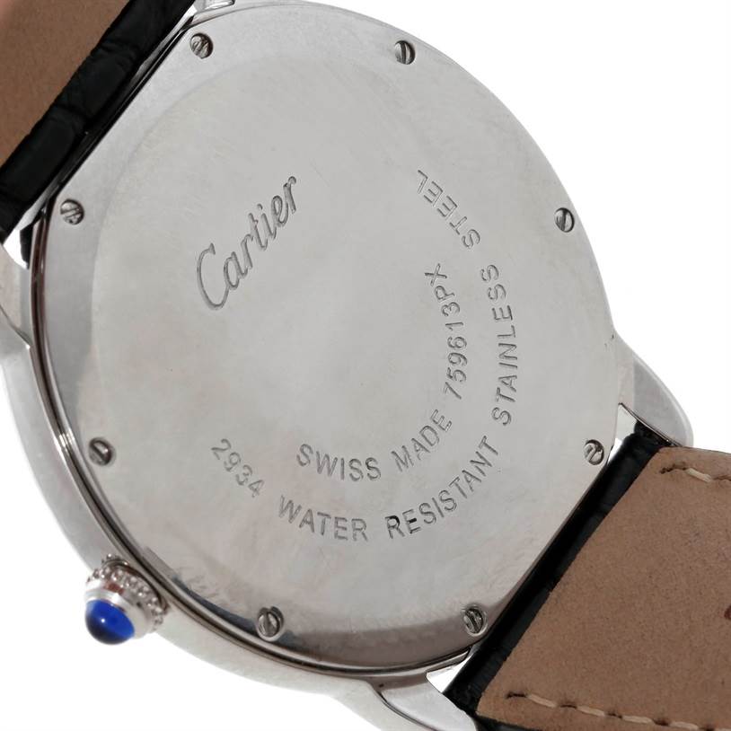 The image shows the back side of the Cartier Ronde W6700255 Men
s Stainless Steel Silver Dial W6700255 Men
s Stainless Steel Silver Dial watch, displaying the brand name, model information, and part of the leather strap.