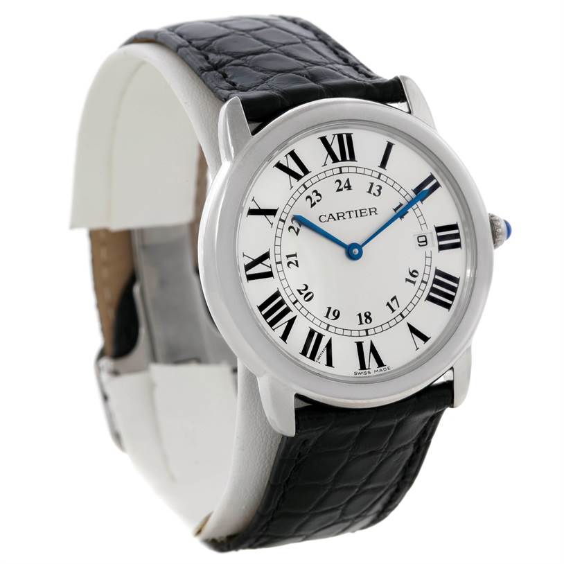 The image shows a Cartier Ronde W6700255 Men
s Stainless Steel Silver Dial W6700255 Men
s Stainless Steel Silver Dial watch at a slight angle, displaying its face and black leather strap.