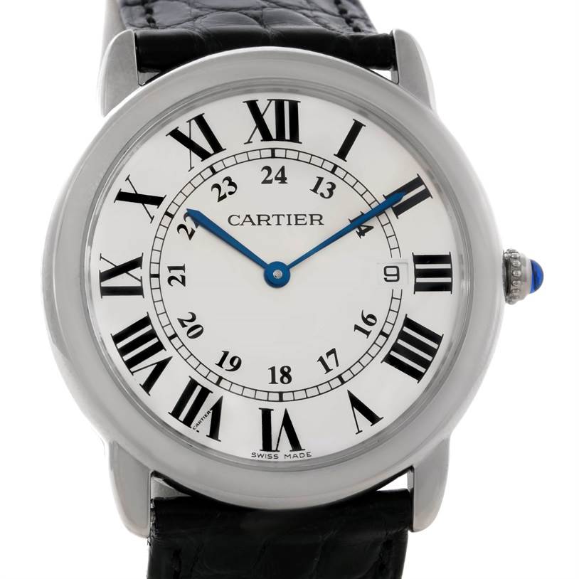 The image shows a front view of a Cartier Ronde W6700255 Men
s Stainless Steel Silver Dial W6700255 Men
s Stainless Steel Silver Dial watch, highlighting its face, bezel, and part of the leather strap.