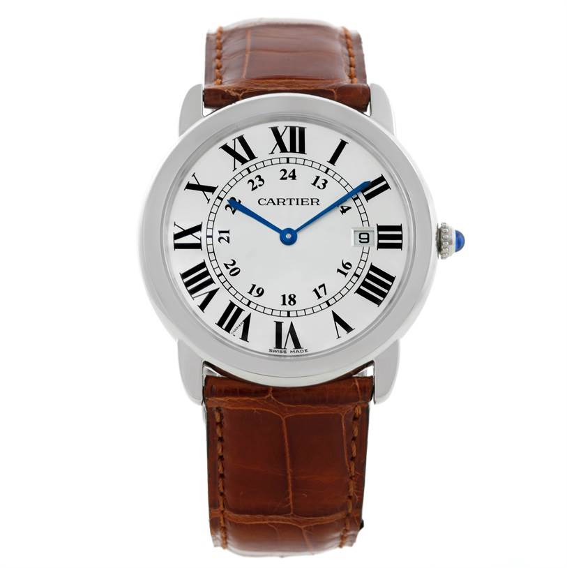 This is a front view of the Cartier Ronde W6700255 Stainless Steel Silver Dial W6700255 Stainless Steel Silver Dial watch, displaying the dial, Roman numerals, and leather strap.