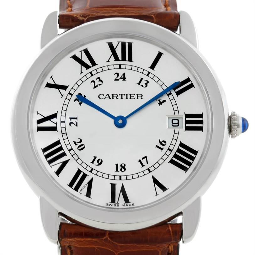This is a front view of a Cartier Ronde W6700255 Stainless Steel Silver Dial W6700255 Stainless Steel Silver Dial watch, showing the dial, Roman numerals, hands, date window, and part of the strap.