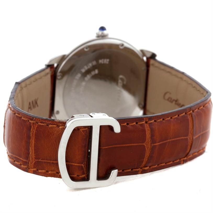 The image shows the back view of the Cartier Ronde W6700255 Stainless Steel Silver Dial W6700255 Stainless Steel Silver Dial model watch, highlighting the clasp and brown leather strap.