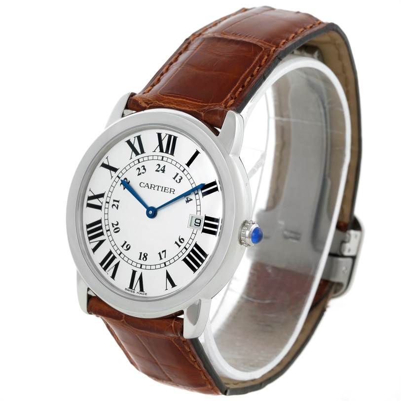 This image shows a Cartier Ronde W6700255 Stainless Steel Silver Dial W6700255 Stainless Steel Silver Dial watch at a three-quarter angle, highlighting the face, crown, and leather strap.
