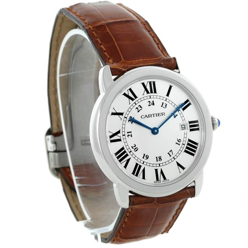 The Cartier Ronde W6700255 Stainless Steel Silver Dial W6700255 Stainless Steel Silver Dial watch is shown from a front angle, highlighting its face, Roman numerals, and brown leather strap.