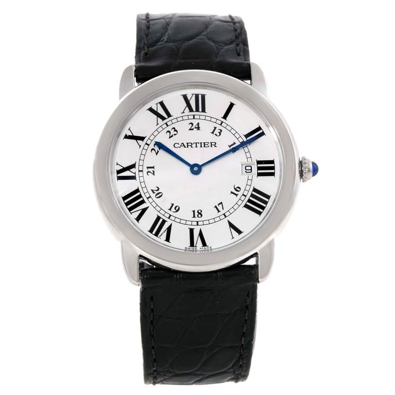 This image shows a front view of a Cartier Ronde W6700255 Stainless Steel Silver Dial W6700255 Stainless Steel Silver Dial watch, displaying its face, bezel, and black leather strap.