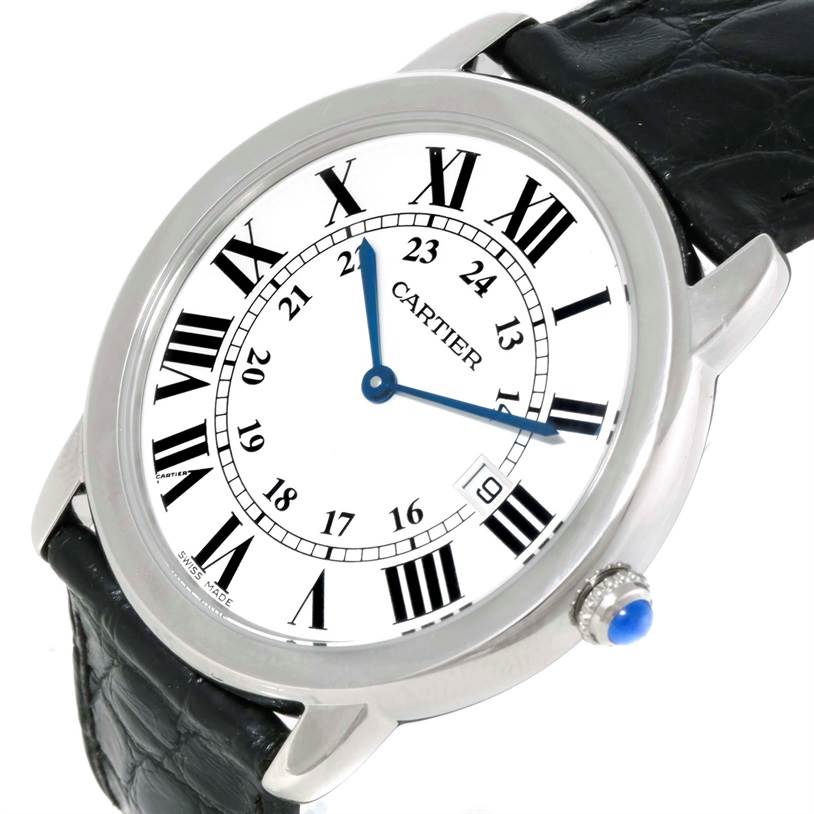 This image shows the dial and bezel of the Cartier Ronde W6700255 Stainless Steel Silver Dial W6700255 Stainless Steel Silver Dial watch at a slight angle, highlighting its leather strap and crown.