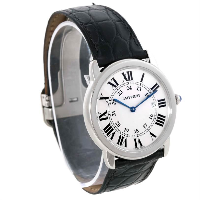 The Cartier Ronde W6700255 Stainless Steel Silver Dial W6700255 Stainless Steel Silver Dial model watch is shown in a front-left angled view, displaying its face, black leather strap, and side crown.