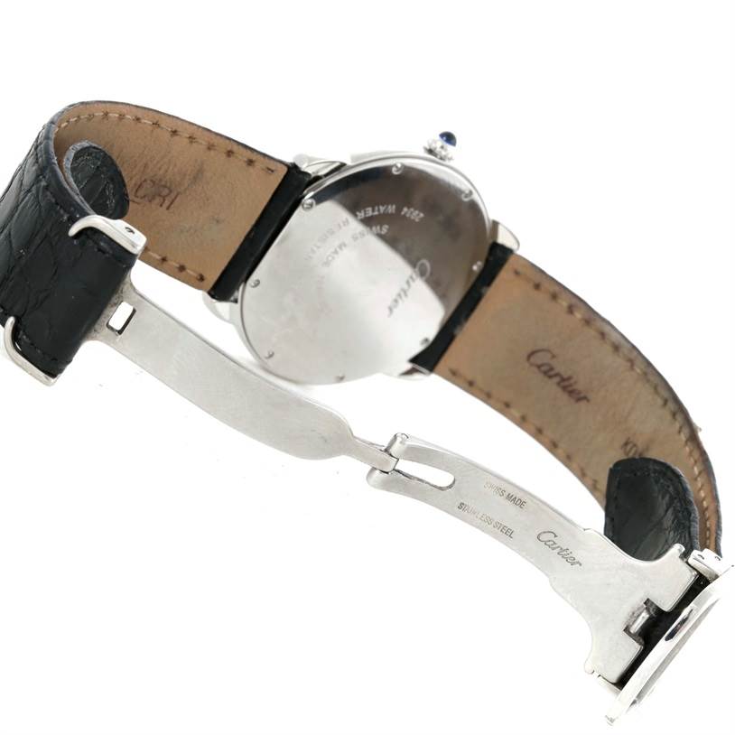 The image shows the back view of a Cartier Ronde W6700255 Stainless Steel Silver Dial W6700255 Stainless Steel Silver Dial watch, highlighting its leather strap and clasp mechanism.