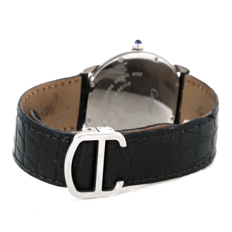 This image shows the back of a Cartier Ronde W6700255 Stainless Steel Silver Dial W6700255 Stainless Steel Silver Dial watch, focusing on the leather strap and its buckle.