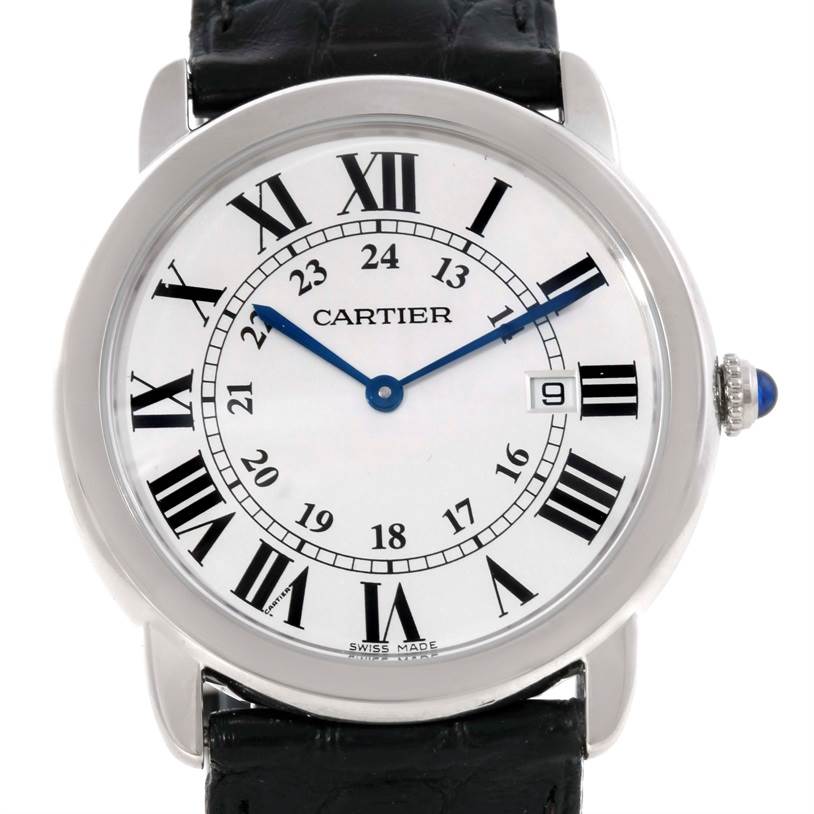 The image shows a front view of the Cartier Ronde W6700255 Stainless Steel Silver Dial W6700255 Stainless Steel Silver Dial model watch, displaying the dial, Roman numerals, blue hands, and part of the black strap.