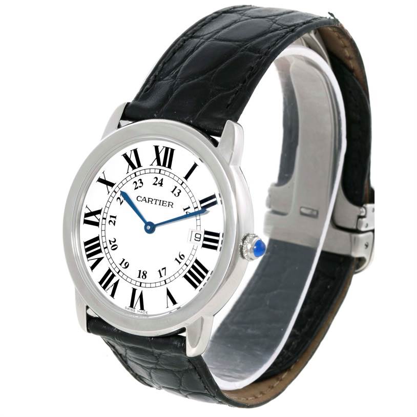 This image shows a Cartier Ronde W6700255 Stainless Steel Silver Dial W6700255 Stainless Steel Silver Dial model watch from a front angle, highlighting its round dial and black leather strap.