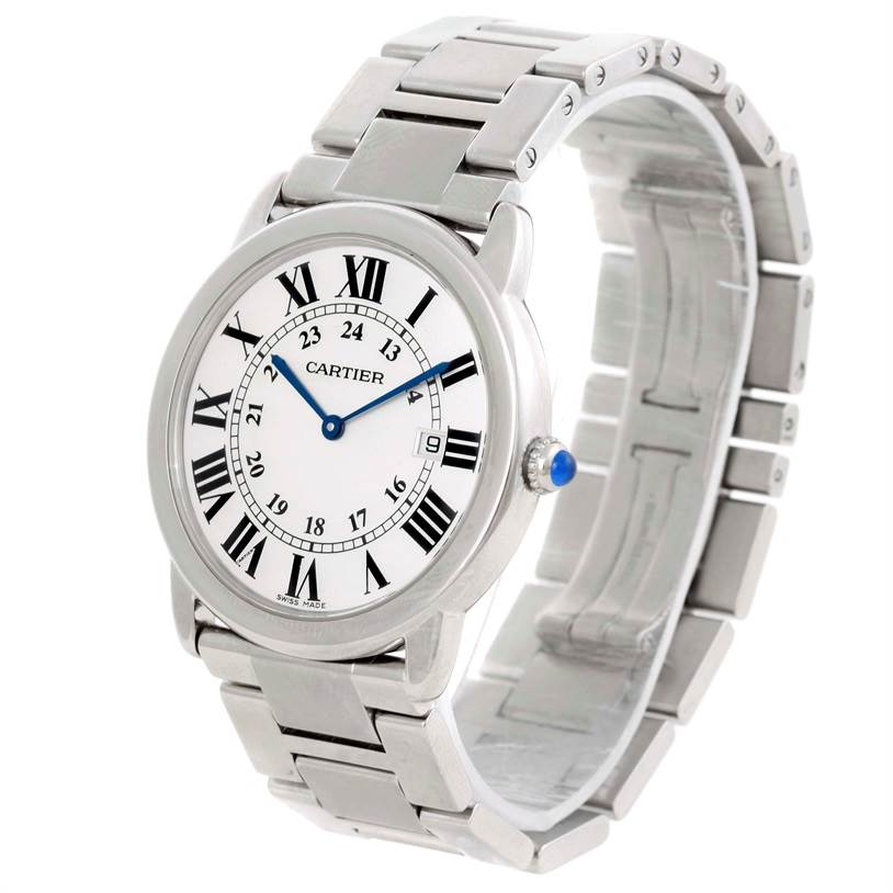 The Cartier Ronde W6701005 Men
s Stainless Steel Silver Dial W6701005 Men
s Stainless Steel Silver Dial model watch is shown at a three-quarter angle, displaying the face, bracelet, and crown.