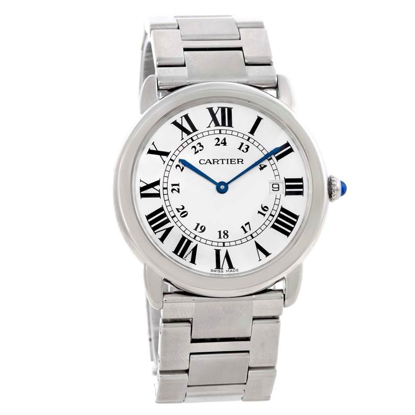 This is a front view of the Cartier Ronde W6701005 Men
s Stainless Steel Silver Dial W6701005 Men
s Stainless Steel Silver Dial model watch, showing its face and metal bracelet.