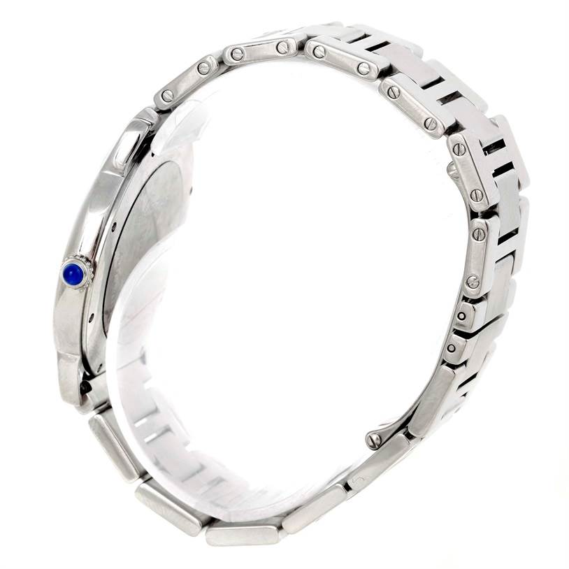 This image shows a side view of the Cartier Ronde W6701005 Men
s Stainless Steel Silver Dial W6701005 Men
s Stainless Steel Silver Dial watch, highlighting its bracelet and blue cabochon crown.