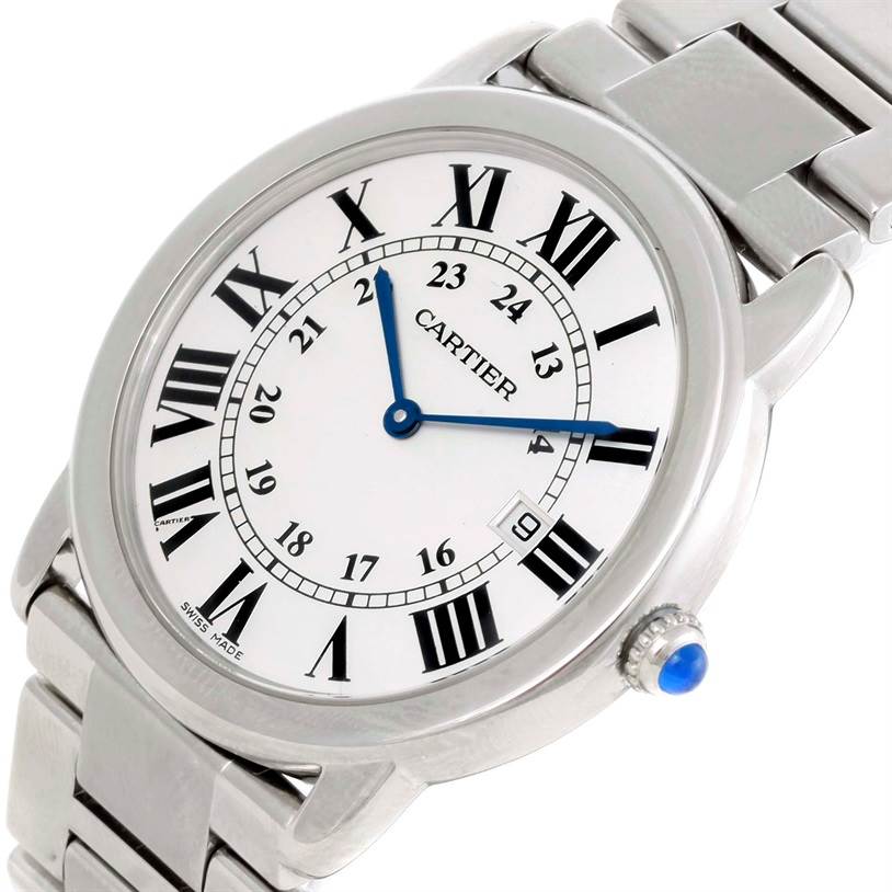 This image shows a close-up angled view of a Cartier Ronde W6701005 Men
s Stainless Steel Silver Dial W6701005 Men
s Stainless Steel Silver Dial watch, highlighting the dial, bezel, crown, and part of the bracelet.