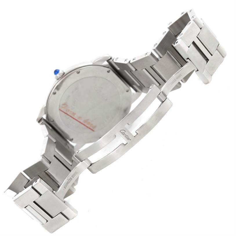 The image shows the back and clasp of a Cartier Ronde W6701005 Men
s Stainless Steel Silver Dial W6701005 Men
s Stainless Steel Silver Dial watch, featuring the stainless steel bracelet and Cartier branding.