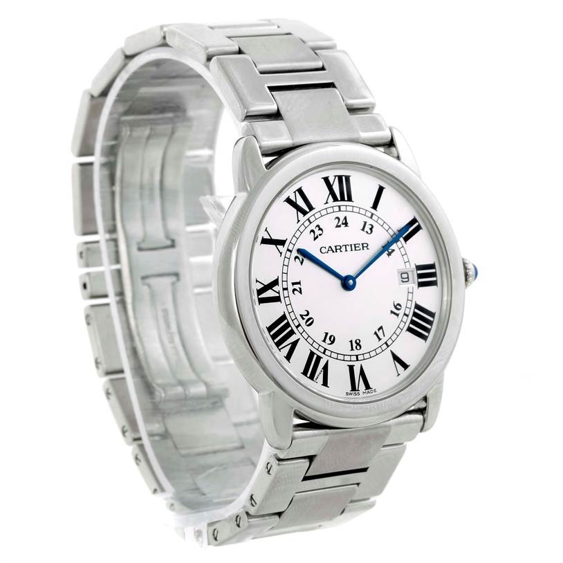 The Cartier Ronde W6701005 Men
s Stainless Steel Silver Dial W6701005 Men
s Stainless Steel Silver Dial watch is shown at an angle displaying its dial, bezel, crown, and bracelet.