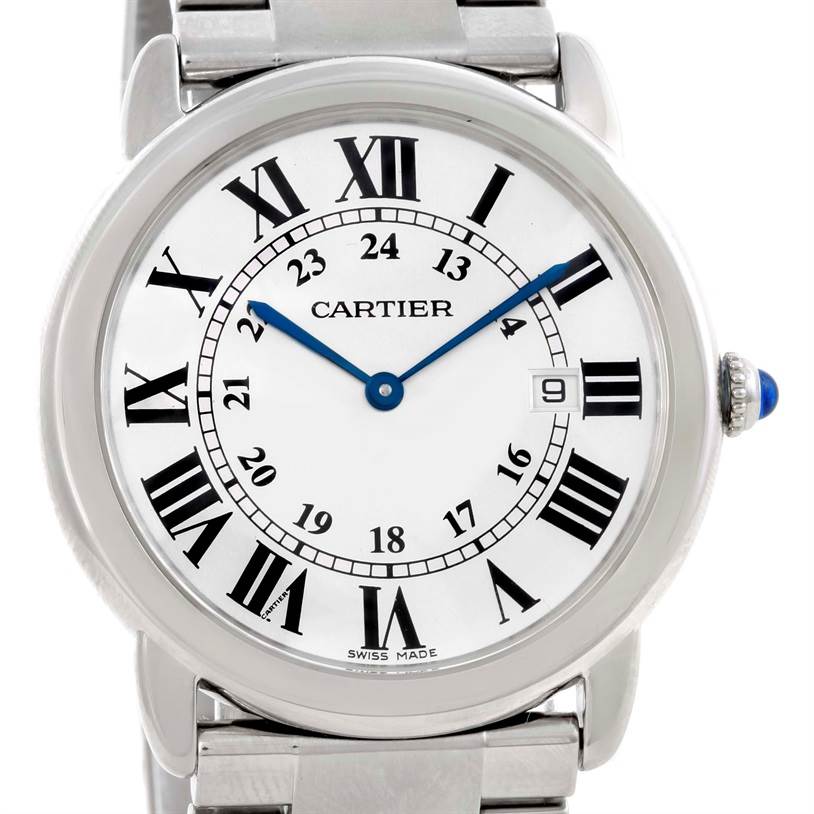 The image shows a front view of a Cartier Ronde W6701005 Men
s Stainless Steel Silver Dial W6701005 Men
s Stainless Steel Silver Dial watch, showcasing its face, Roman numeral markers, and crown with a blue cabochon.