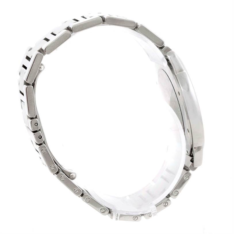 This image shows a side profile view of the Cartier Ronde W6701005 Men
s Stainless Steel Silver Dial W6701005 Men
s Stainless Steel Silver Dial watch, highlighting its metal bracelet and case.