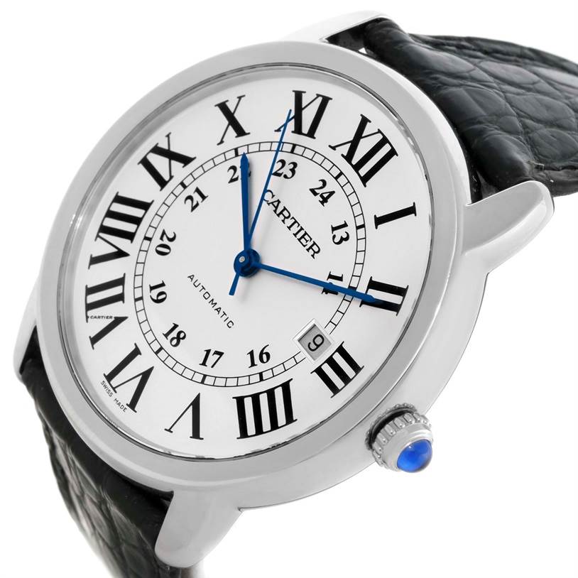 The image shows a close-up angled view of the Cartier Ronde W6701010 Men
s Stainless Steel Silver Dial W6701010 Men
s Stainless Steel Silver Dial watch, highlighting the face, crown, and part of the strap.