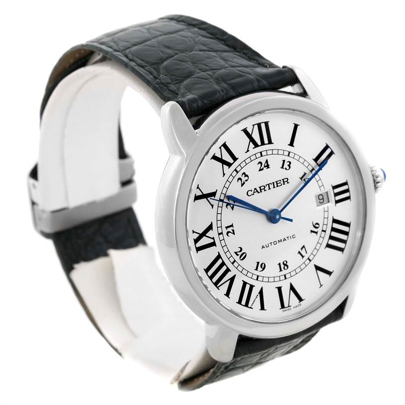 The image shows a Cartier Ronde W6701010 Men
s Stainless Steel Silver Dial W6701010 Men
s Stainless Steel Silver Dial model watch angled slightly to the left, displaying its face, Roman numerals, and black leather strap.