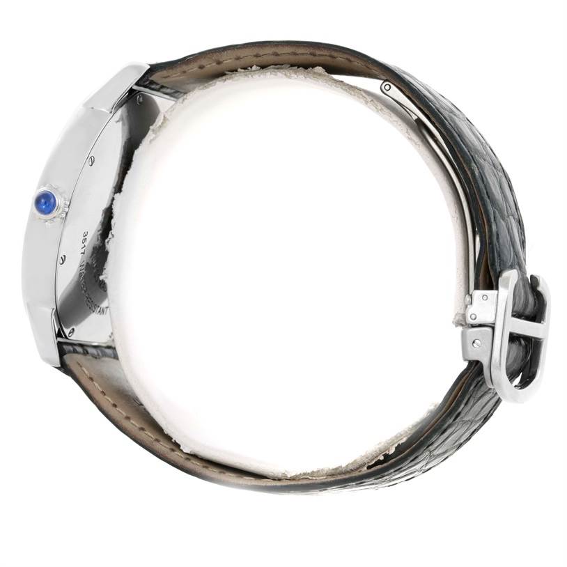 The image shows a side view of the Cartier Ronde W6701010 Men
s Stainless Steel Silver Dial W6701010 Men
s Stainless Steel Silver Dial model watch, highlighting the crown, case, leather strap, and buckle.