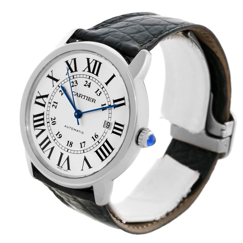 This is a Cartier Ronde W6701010 Men
s Stainless Steel Silver Dial W6701010 Men
s Stainless Steel Silver Dial watch, shown from a slight front-side angle, displaying the face, bezel, crown, and black leather strap.