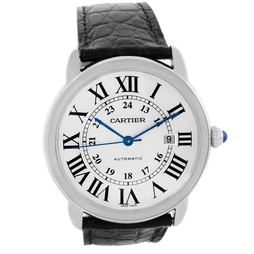 The image shows a front view of a Cartier Ronde W6701010 Men
s Stainless Steel Silver Dial W6701010 Men
s Stainless Steel Silver Dial watch, highlighting its black leather strap, Roman numeral dial, and blue hands.