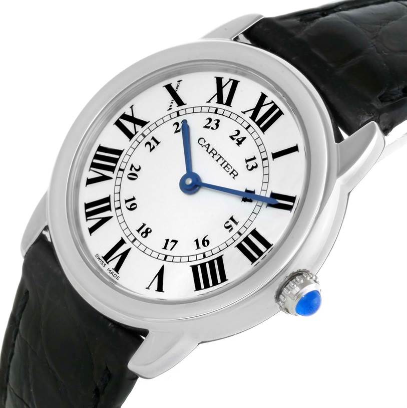 This image shows a close-up angle of the dial and strap of a Cartier Ronde W6700155 Women
s Stainless Steel Silver Dial W6700155 Women
s Stainless Steel Silver Dial watch.