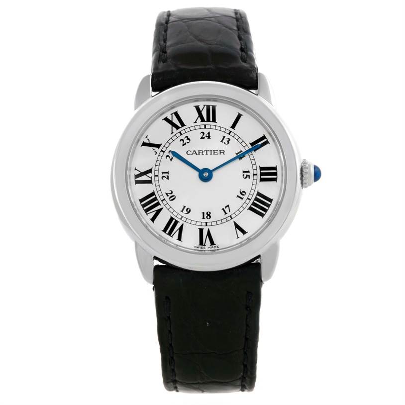 The image shows a front view of a Cartier Ronde W6700155 Women
s Stainless Steel Silver Dial W6700155 Women
s Stainless Steel Silver Dial watch, displaying its dial, hands, case, crown, and black leather strap.