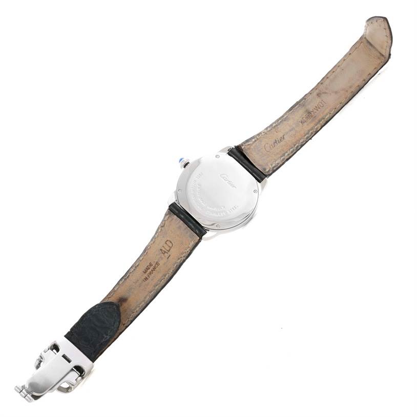 This image shows the back view of a Cartier Ronde W6700155 Women
s Stainless Steel Silver Dial W6700155 Women
s Stainless Steel Silver Dial watch, displaying its strap and clasp.