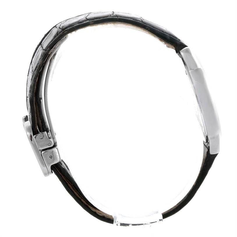 This image shows a side view of the Ronde model Cartier watch, highlighting its strap, buckle, and case profile.