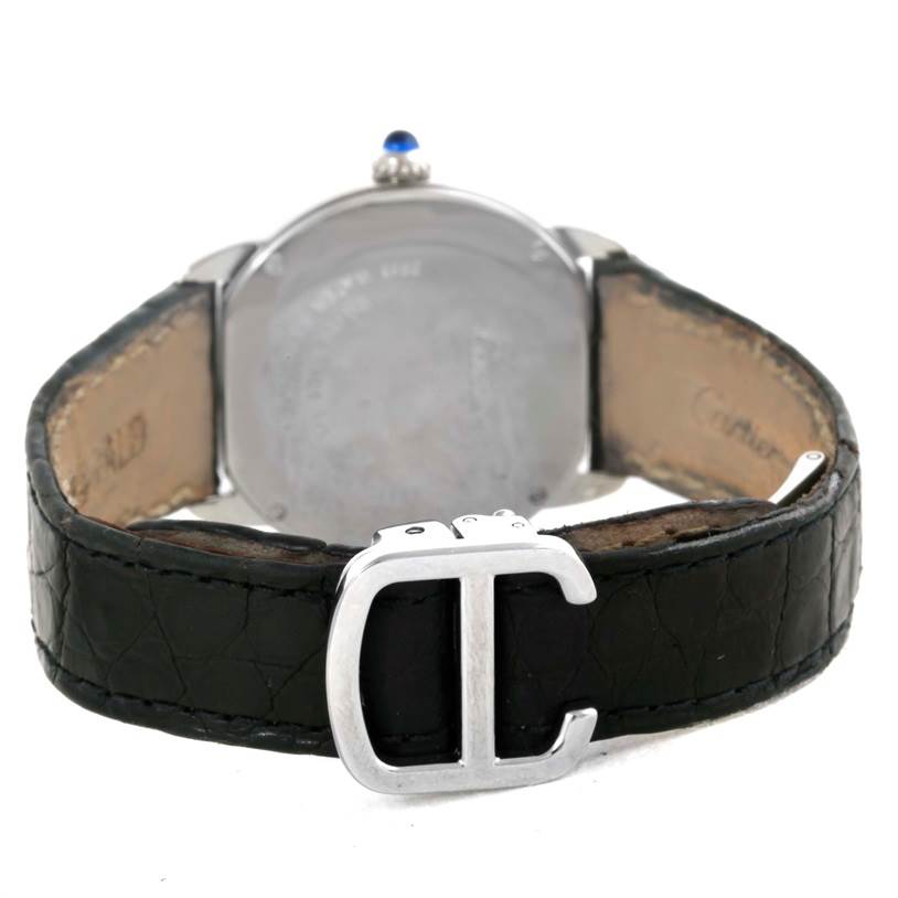 A Cartier Ronde W6700155 Women
s Stainless Steel Silver Dial W6700155 Women
s Stainless Steel Silver Dial watch is shown from the back, highlighting its leather strap and silver buckle.