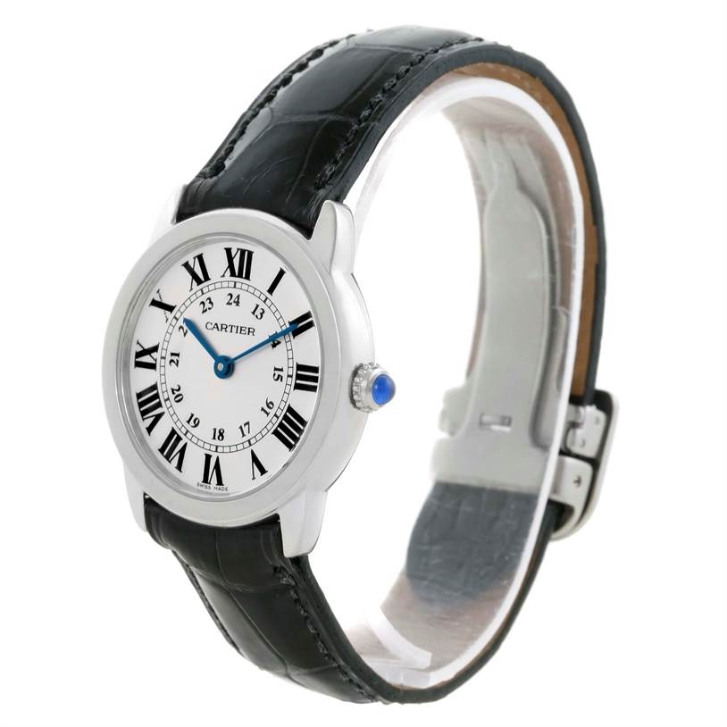 This image showcases a Ronde de Cartier watch angled from the front and side, highlighting its face, strap, and crown.