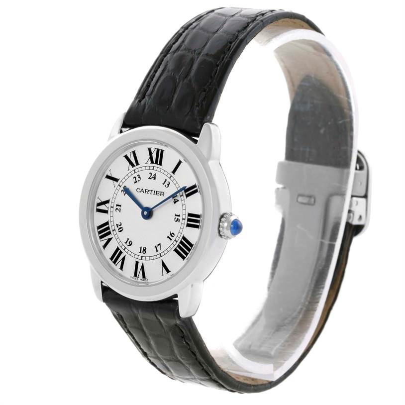 This image shows a Cartier Ronde W6700155 Women
s Stainless Steel Silver Dial W6700155 Women
s Stainless Steel Silver Dial model watch at a slight angle, highlighting its face, crown, and black leather strap.