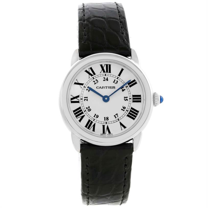 The Cartier Ronde W6700155 Women
s Stainless Steel Silver Dial W6700155 Women
s Stainless Steel Silver Dial model watch is shown from a front angle, displaying its dial, Roman numerals, and black leather strap.