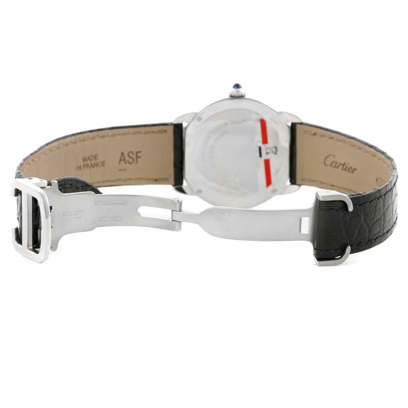 This image shows the back view of a Cartier Ronde W6700155 Women
s Stainless Steel Silver Dial W6700155 Women
s Stainless Steel Silver Dial watch, featuring its open leather strap and clasp mechanism.