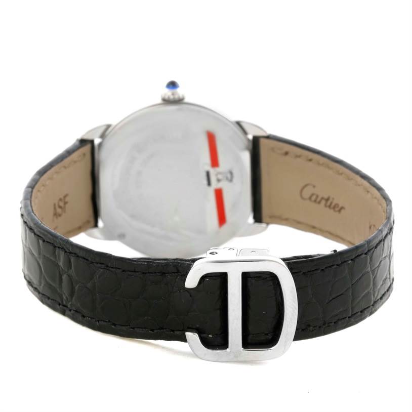 This image shows the back of a Cartier Ronde W6700155 Women
s Stainless Steel Silver Dial W6700155 Women
s Stainless Steel Silver Dial watch, focusing on the strap and clasp.