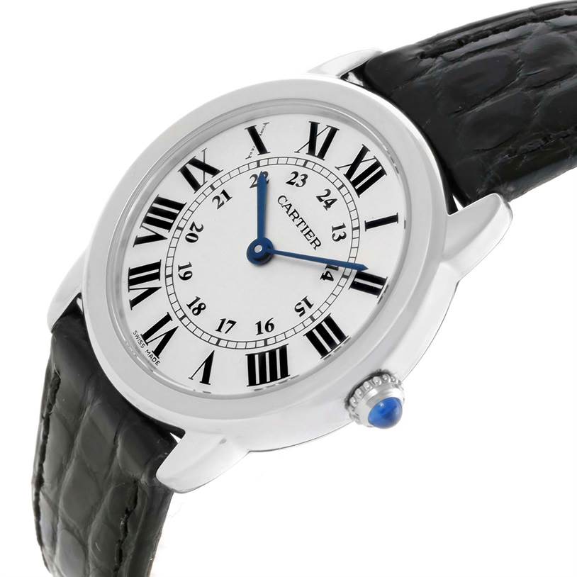 The image shows a Cartier Ronde W6700155 Women
s Stainless Steel Silver Dial W6700155 Women
s Stainless Steel Silver Dial watch at an angled side view, highlighting the dial, crown, and leather strap.