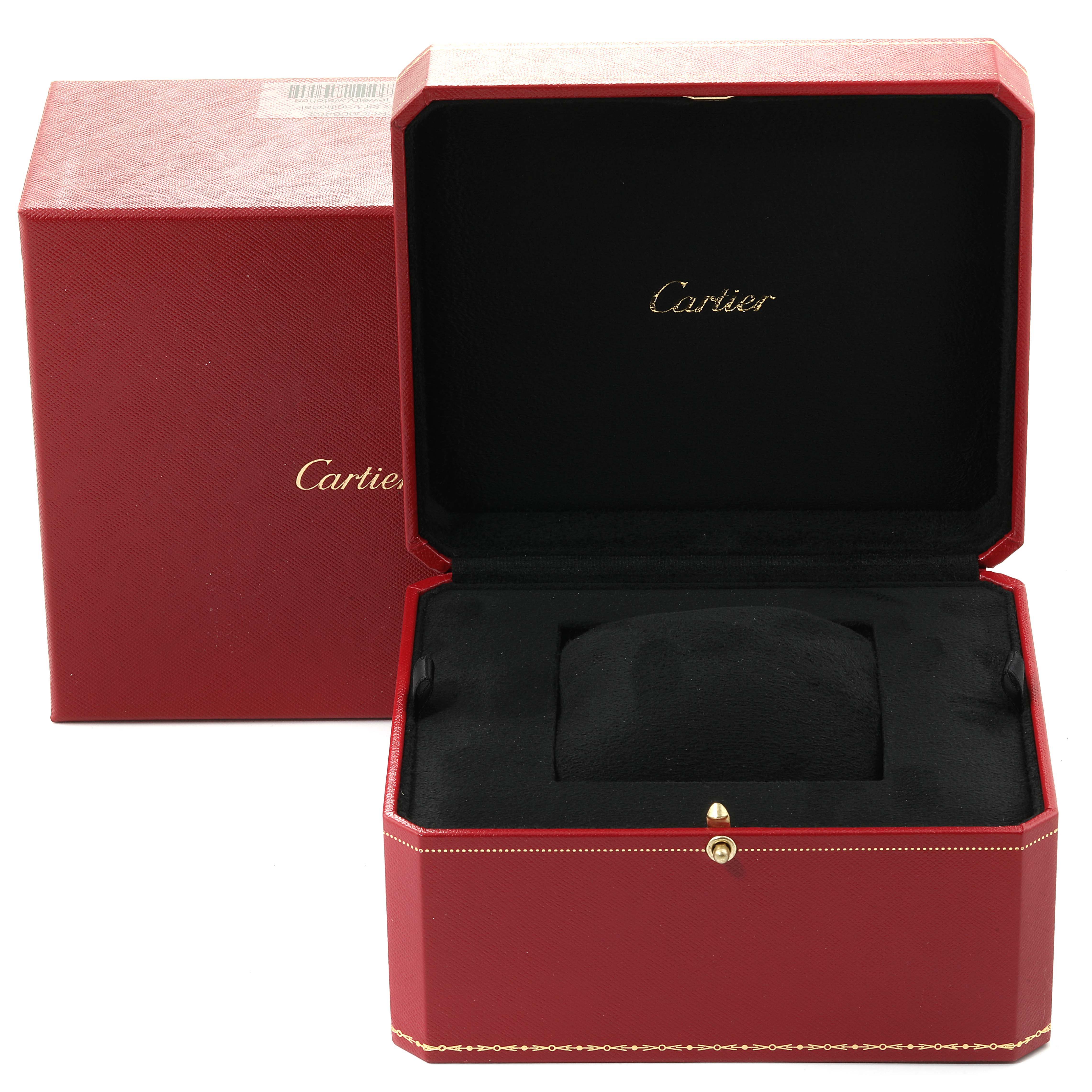 This image shows an opened red watch box and outer box for the Cartier Ronde W6800151 Women's Rose Gold Silver Dial W6800151 Women's Rose Gold Silver Dial model.