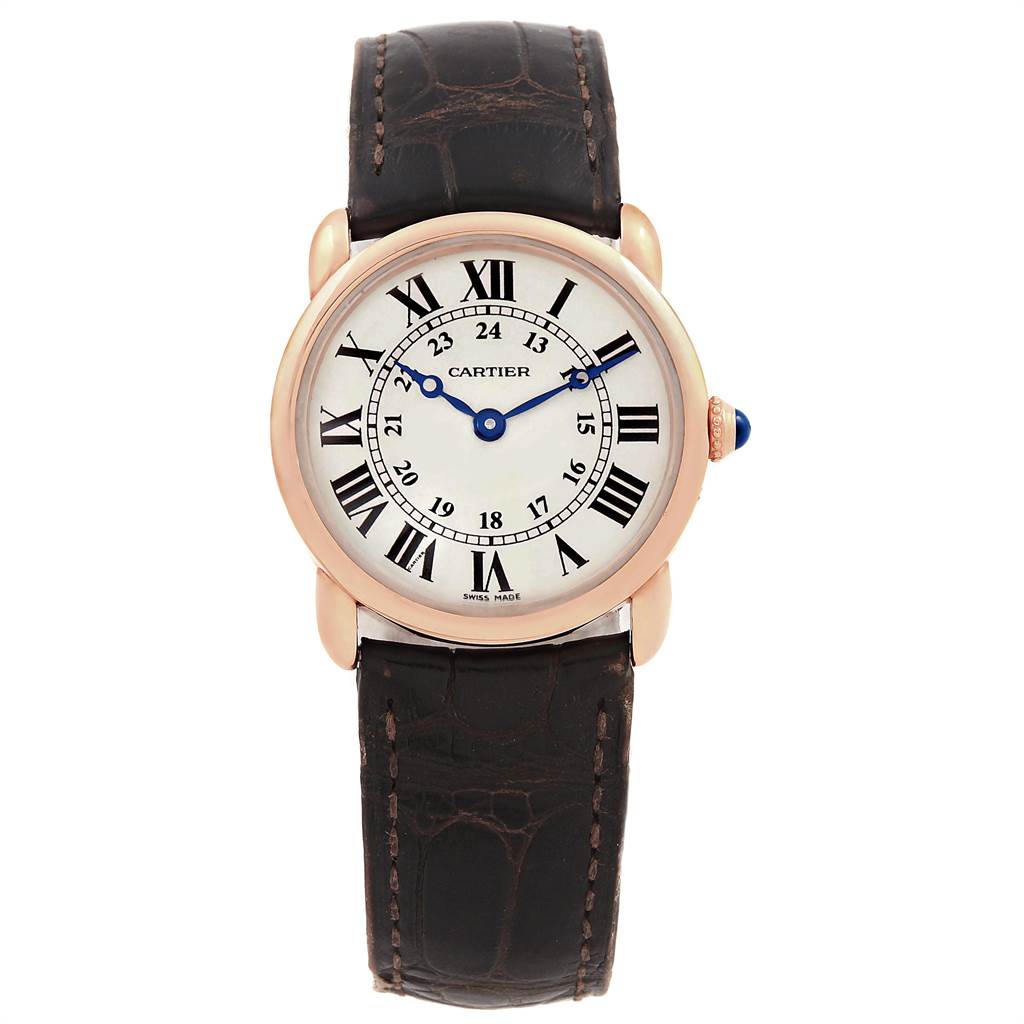 The image shows a Cartier Ronde W6800151 Women's Rose Gold Silver Dial W6800151 Women's Rose Gold Silver Dial watch from a front angle, displaying the dial, case, and leather strap.